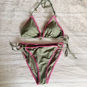 Milly Whipstitch Detail Crochet Triangle Bikini S Green